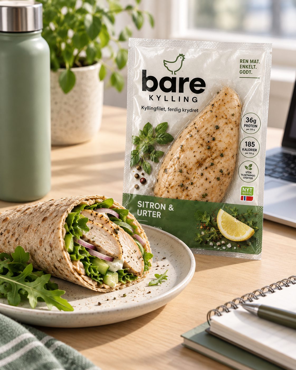 En ferdig wrap med kylling og salat på en tallerken, ved siden av en pakke Sitron og Urter.