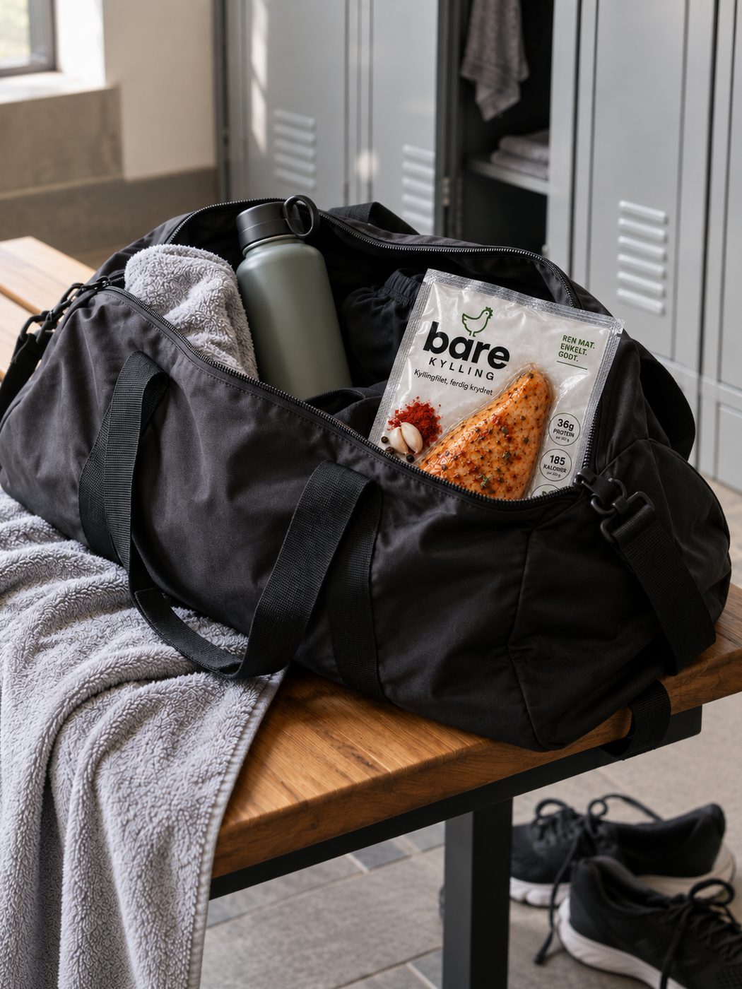 En treningsbag på en benk i en garderobe, med håndkle, drikkeflaske og en pakke Bare Kylling oppi.