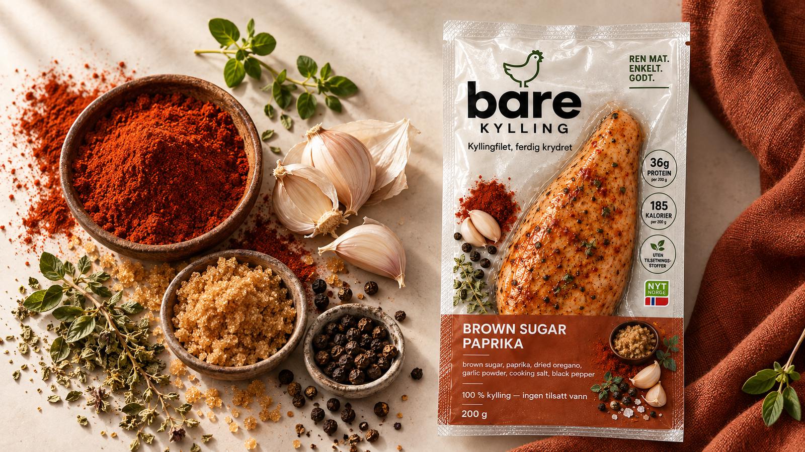 Brown Sugar Paprika-pakken omgitt av paprikapulver, brunt sukker, hvitløk, pepper og oregano.
